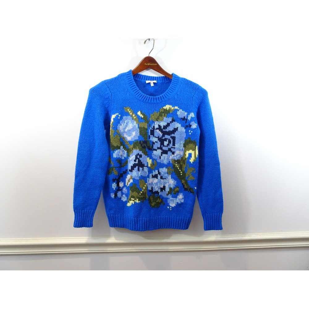 Joie Blue Floral Intarsia Wool Blend Crewneck Sweater 4003-K1032 Womens Small